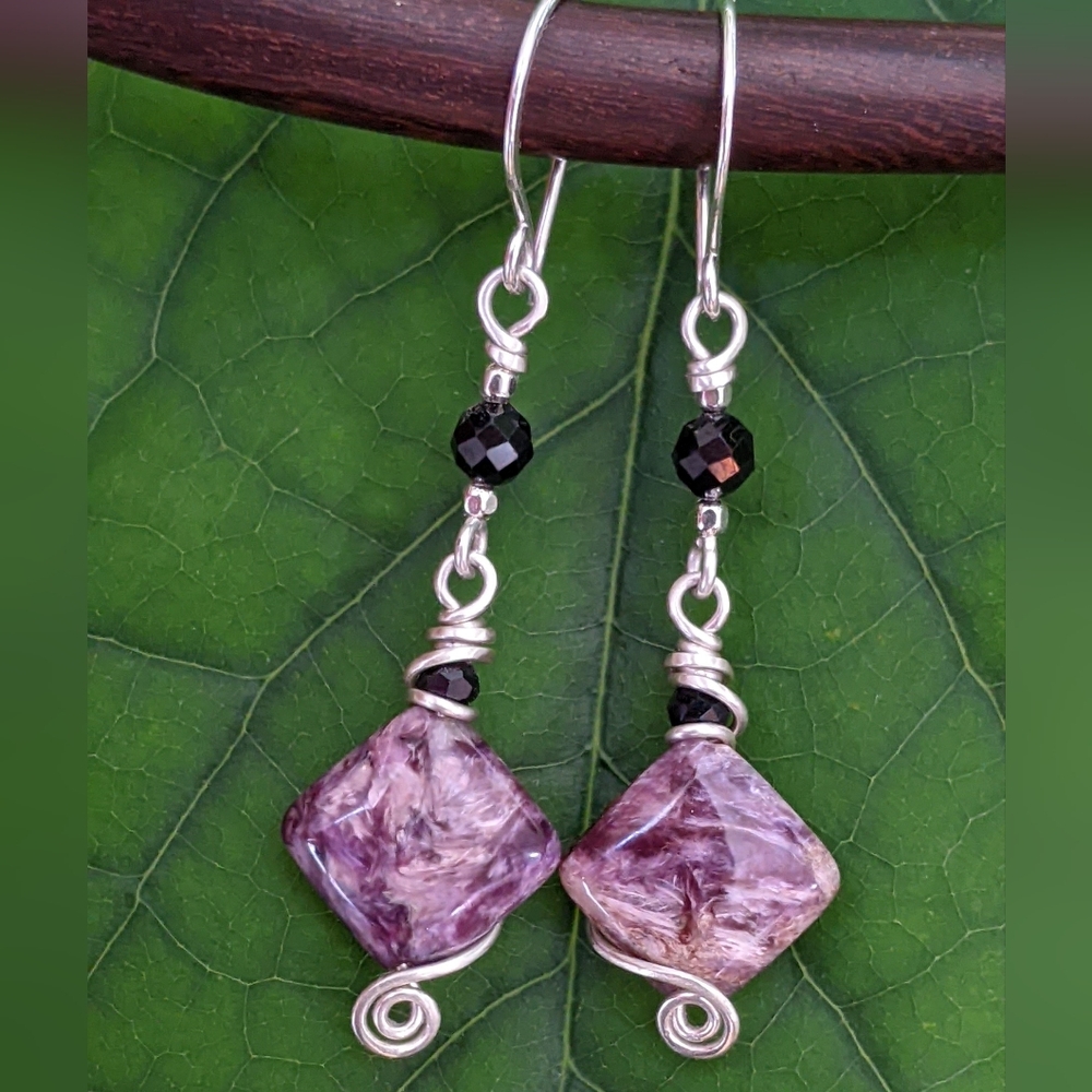 Sterling Silver Charoite Earrings Natural Gems Faceted Black Spinel Accents